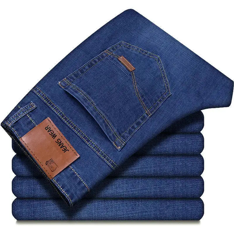 Men's jeans blue denim straight-leg with brown leather patch, folded