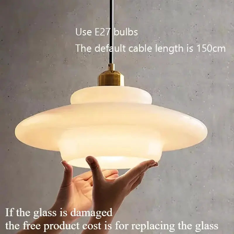 Simples Market Nordic glass pendant lamp with brass canopy and frosted white layered shade, E27 bulb compatible.