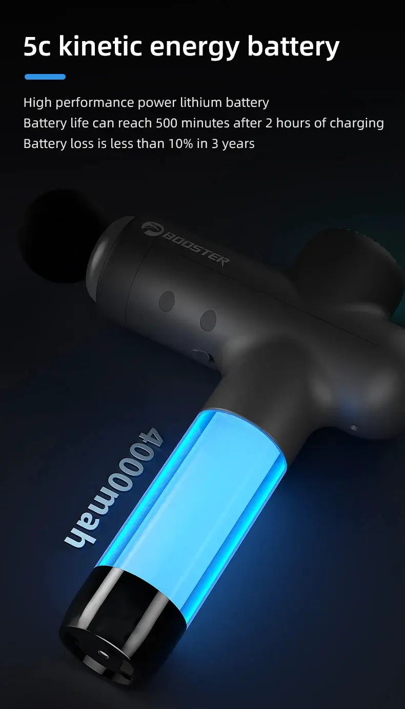 Booster massage gun electric neck massager, black with blue LED battery, 7.4V 4000mAh