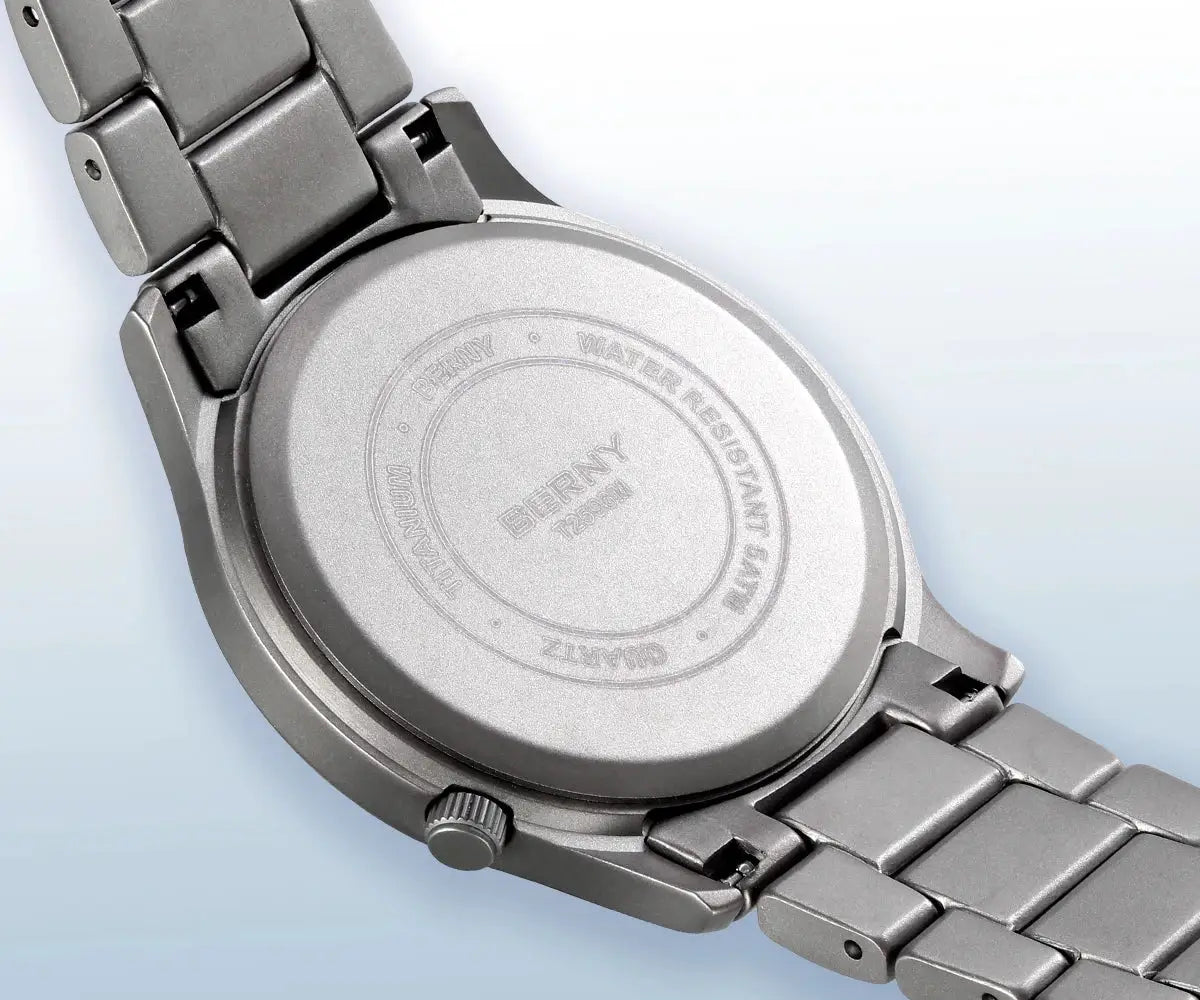 BERNY full titanium men's field wristwatch with metal bracelet, back case view