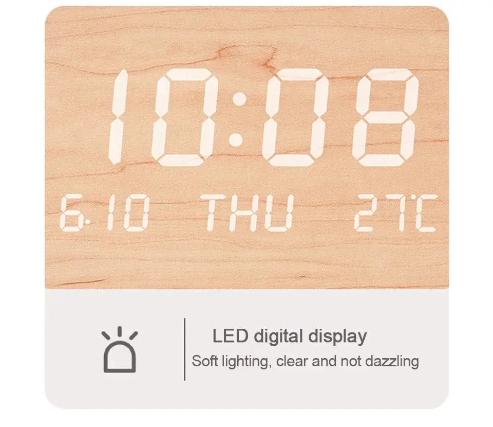 LED digital wall clock with wood finish by Simples Market; displays 10:08, 6.10 THU and 27°C