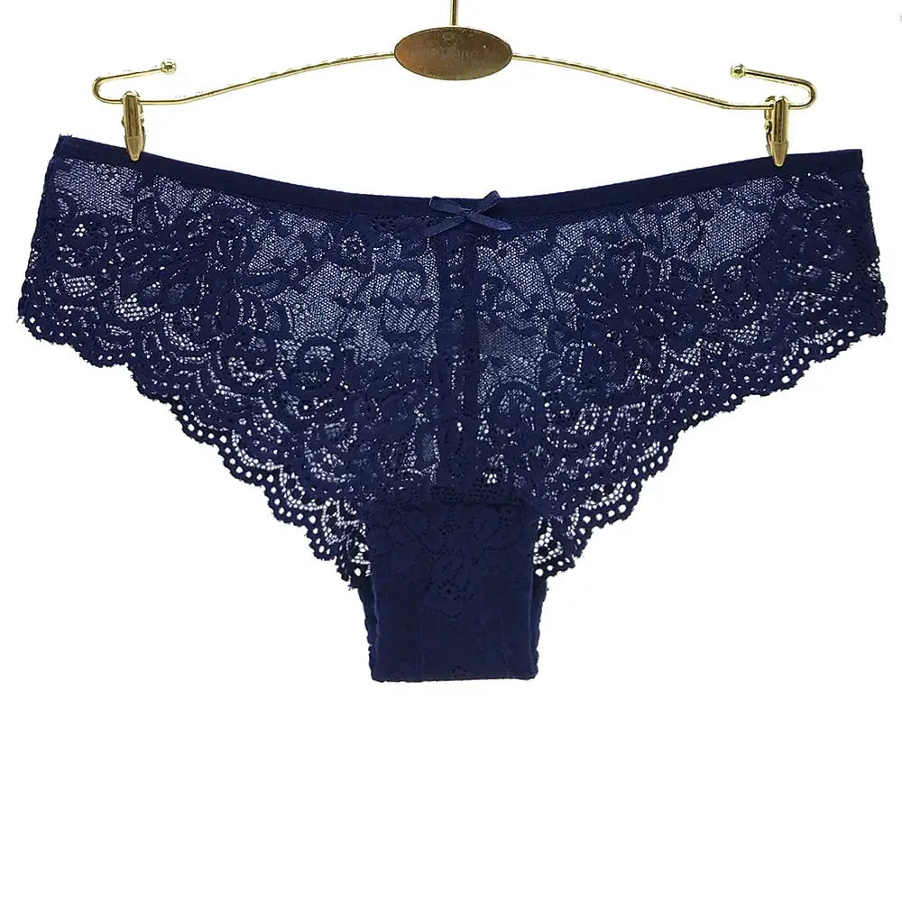 Women lace panties, navy blue low-waist with floral lace and small bow