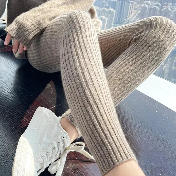 Slim leggings beige ribbed knit, high-waist thermal ankle-length, Simples Market