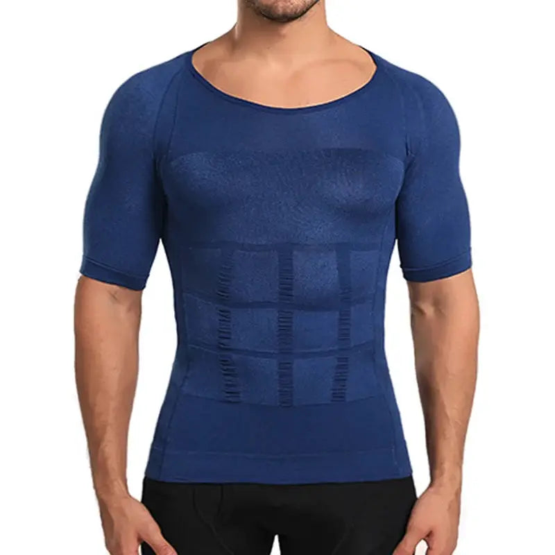 Men's blue body shaper compression shirt with abdomen shaping panels and short sleeves