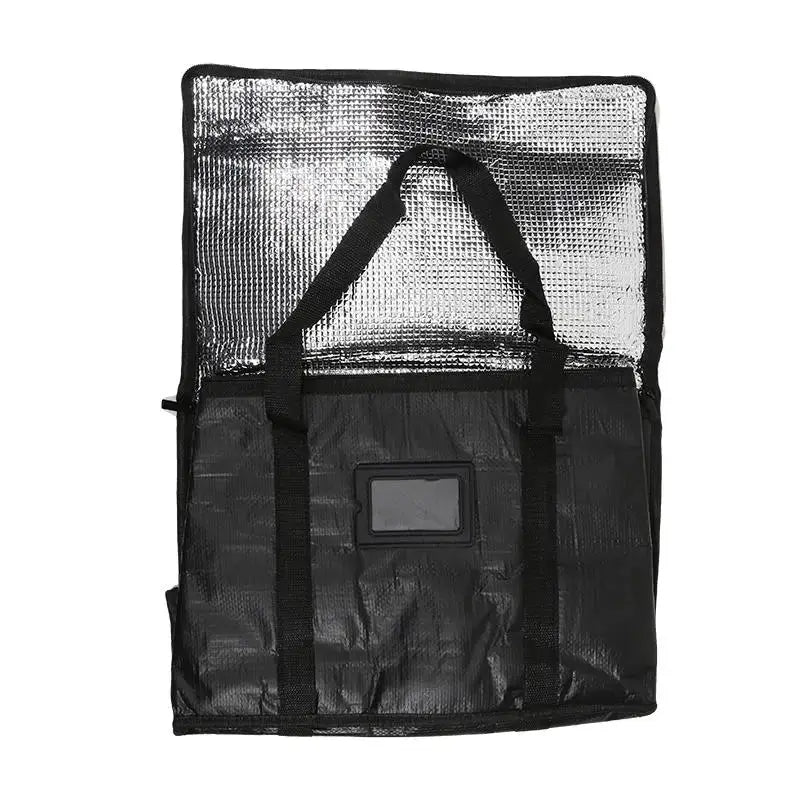 Simples Market portable large insulated food delivery bag, black exterior with silver foil interior and carrying handles