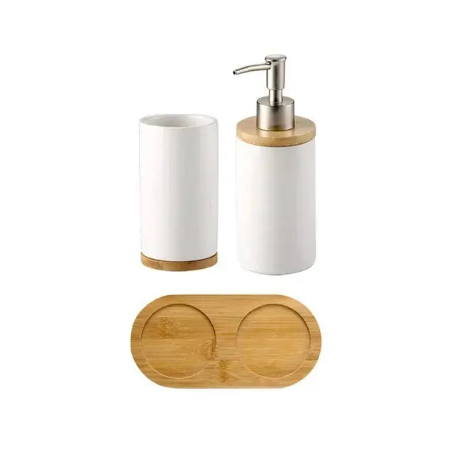 Simples Market ceramic bathroom set: white dispenser, toothbrush holder, tumbler, and bamboo tray (4pc)
