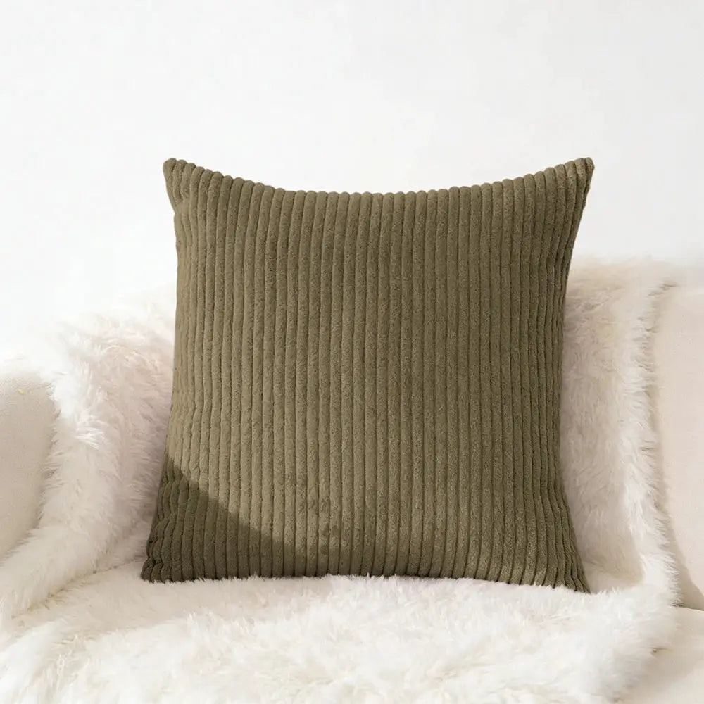 Corduroy pillow cover in olive green; soft plush texture, 40x40–50x50 cm sizes