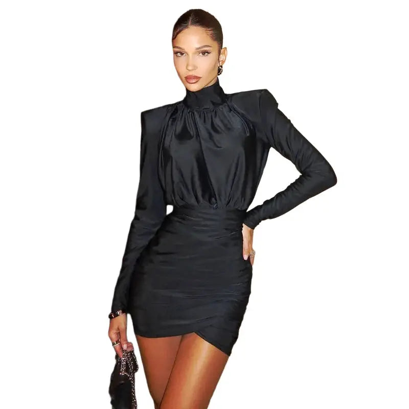 Nibber Turtleneck Dress Women Shoulder Ruched Peach Mini Bodycon