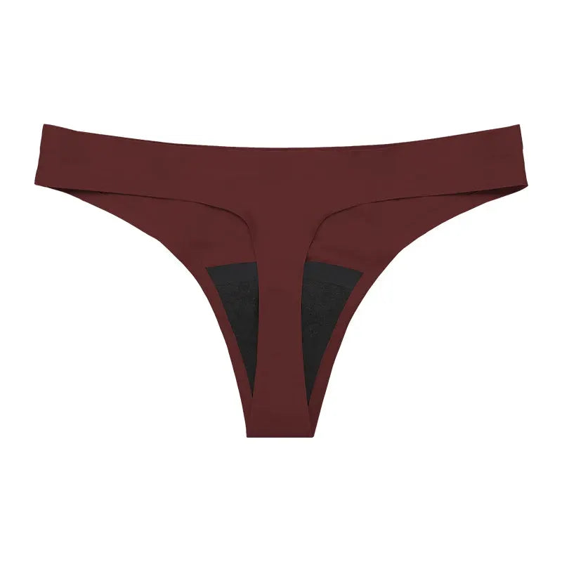 Women's burgundy seamless low-waist menstrual thong with 4-layer leak-proof design, washable for light flow