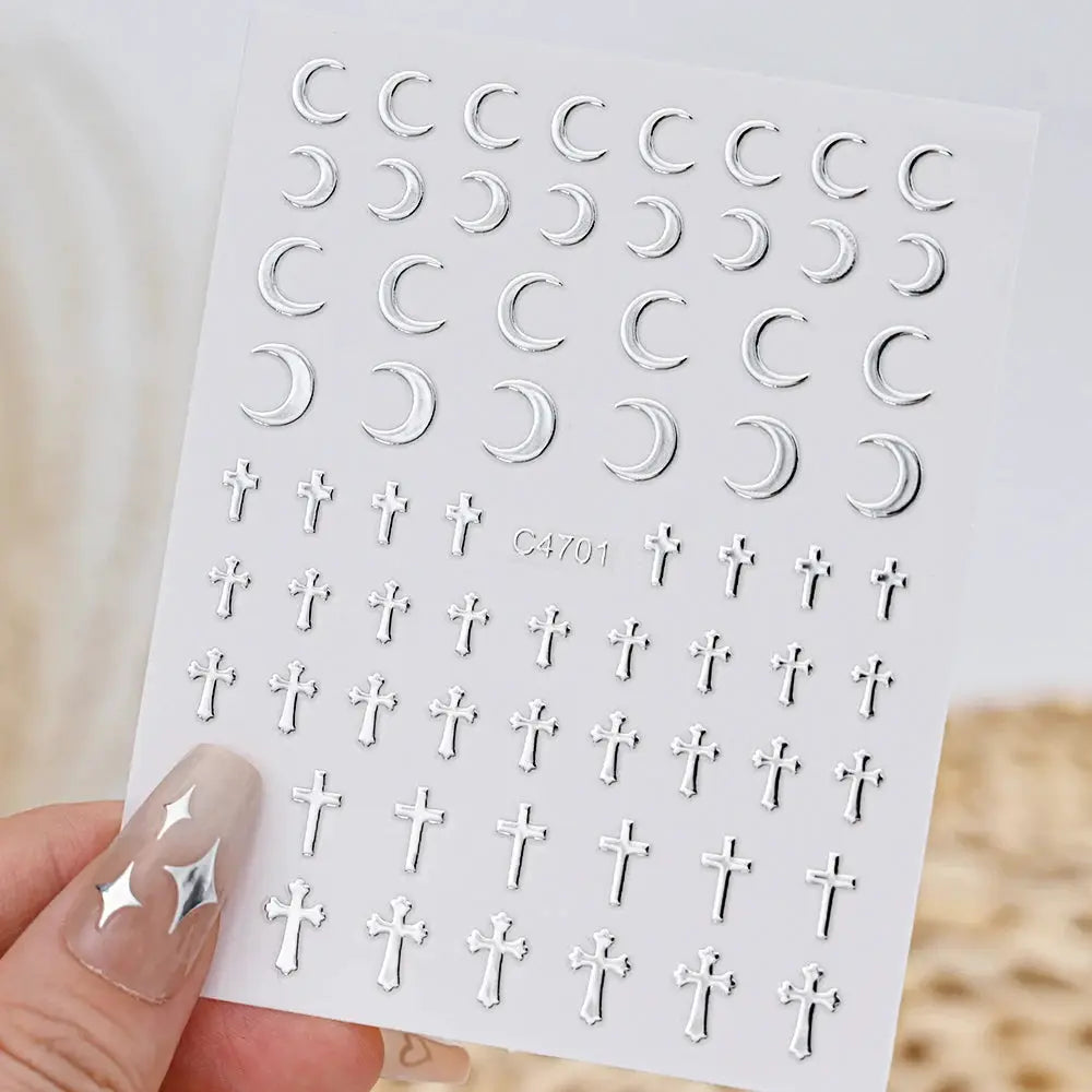 Metallic silver nail stickers sheet featuring crescent moons and crosses, self-adhesive 3D nail art decals