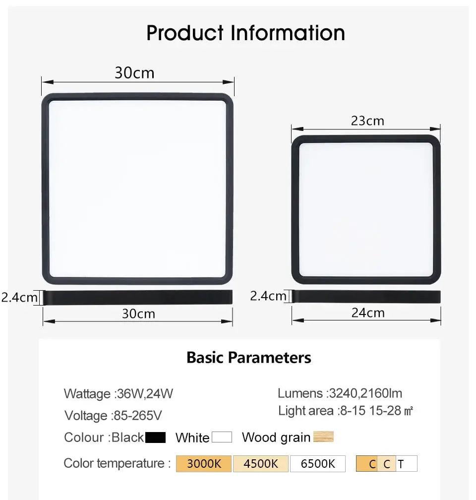 MARPOU ultra-thin square LED ceiling light by Simples Market; wood grain frame, white panel, two sizes 30cm and 23cm