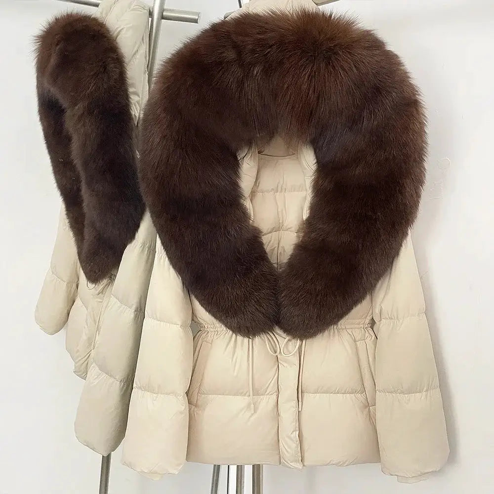 Womens Real Fox Fur Collar Duck Down Coat With Raccoon Fur Trim Hooded Puffer Jacket