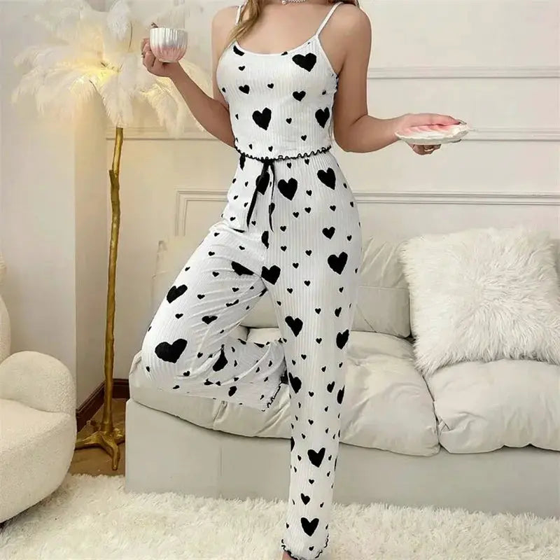 DreamWeave Heart Print Sleeveless Cami Vest And Long Pants Pajama Set Soft Stretch Knit For All Night Comfort