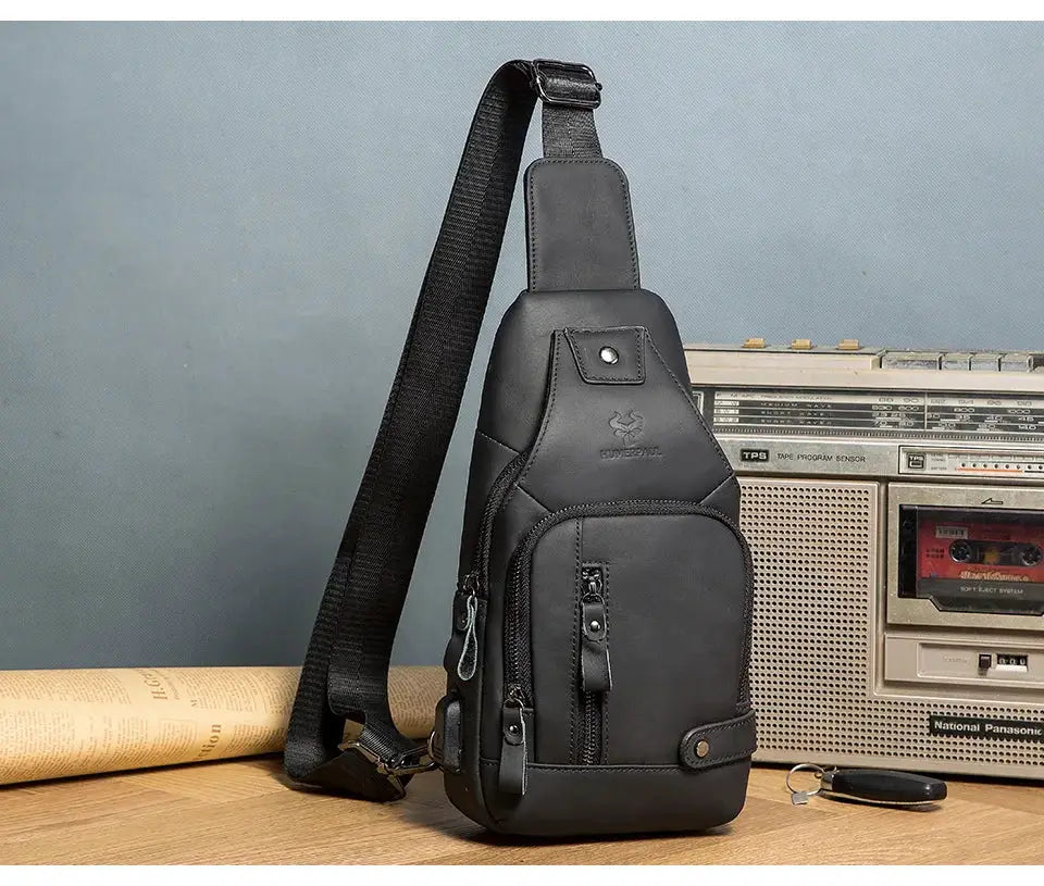HUMERPAUL men's USB chest bag, black genuine leather crossbody with multiple zip pockets