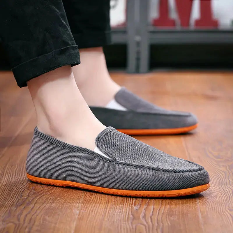 Men's big-size loafers by Simples Market, gray fabric slip-on with orange sole