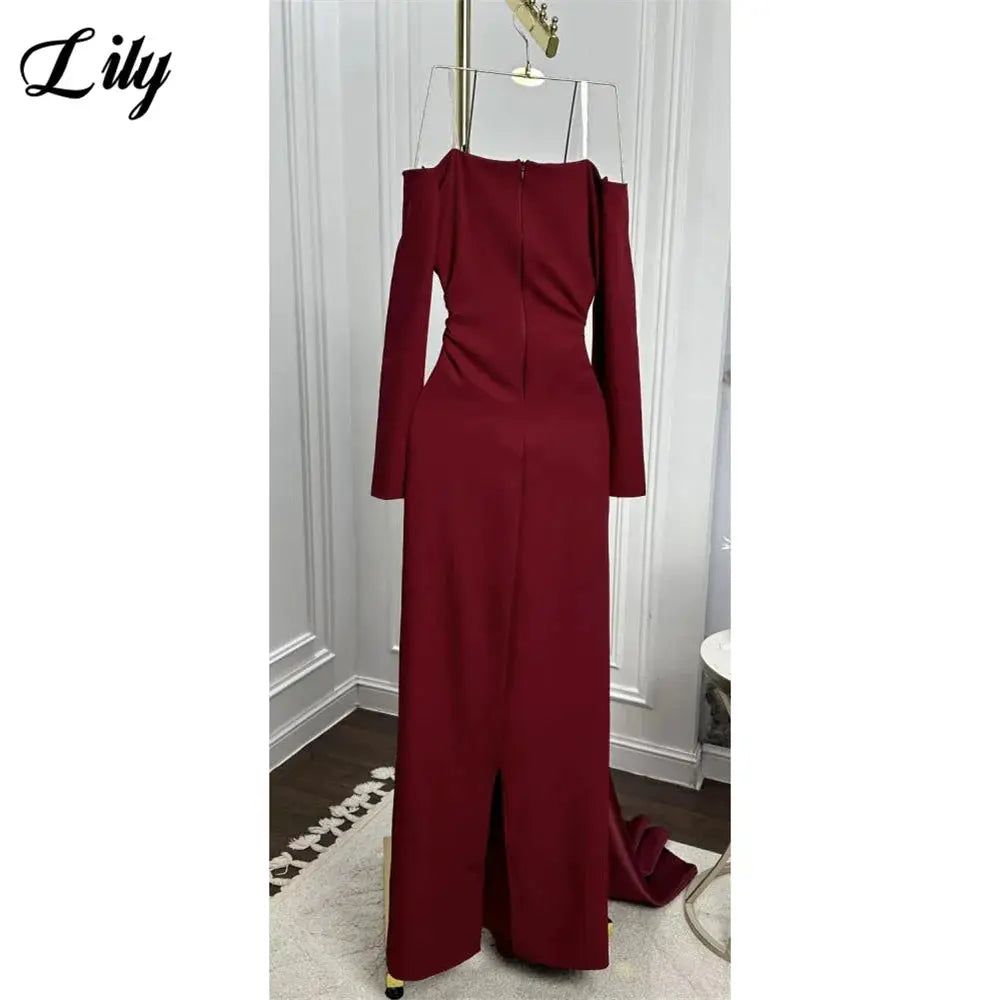 Lily Burgundy Satin Mermaid Prom Dress With High Neck Sleeves Dubai