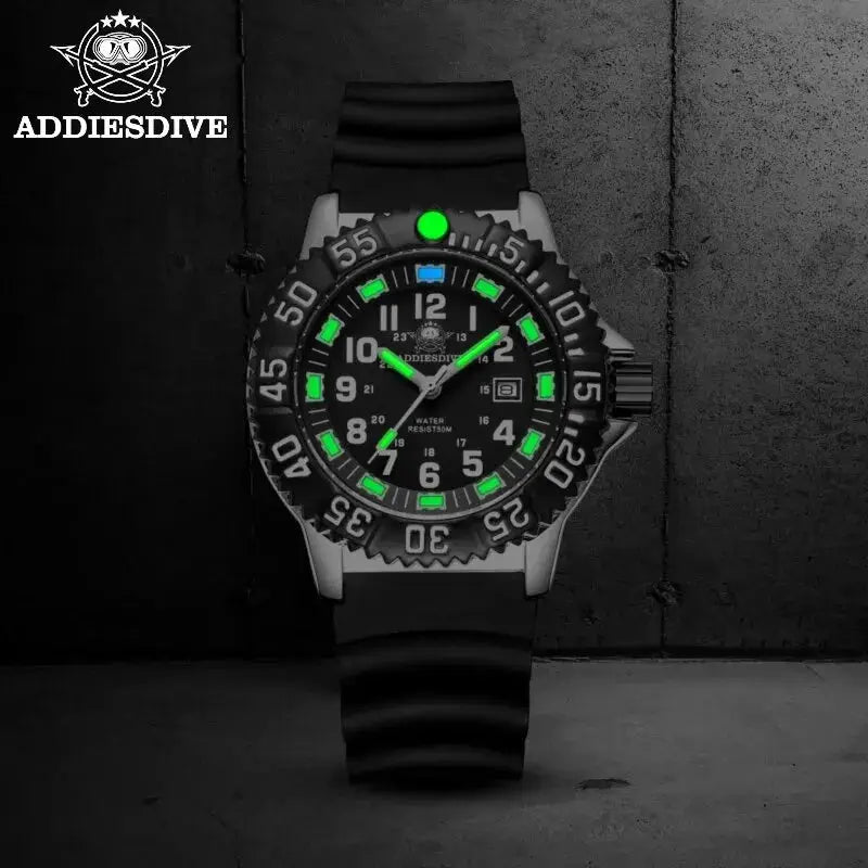 Addies Dive men's watch; black dial, green lume, rotating bezel, silicone strap, 50m water resistant