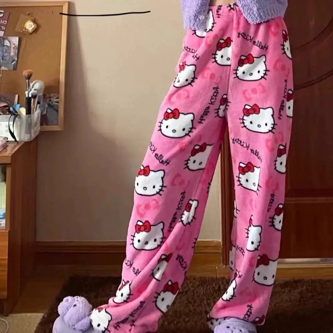 Hello Kitty Pajama Pants For Women Cozy Winter Ankle Length Sleepwear With Anime Cartoon Print