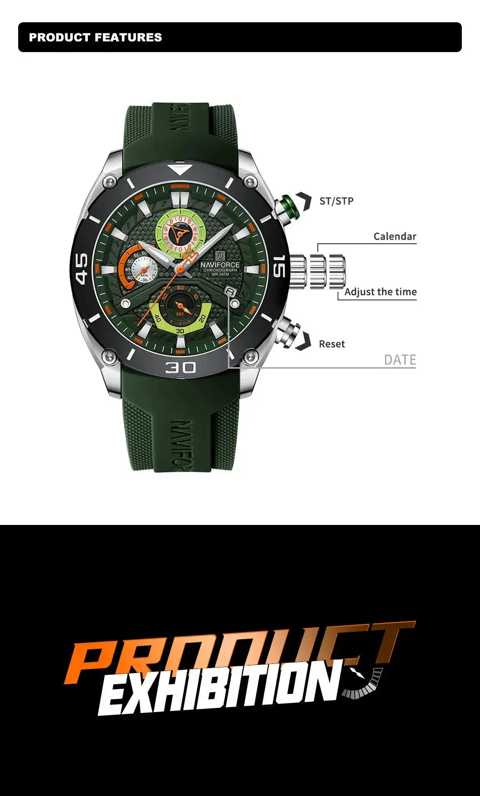 NAVIFORCE sport watch for men with green dial, green rubber strap, chronograph, luminous, waterproof.