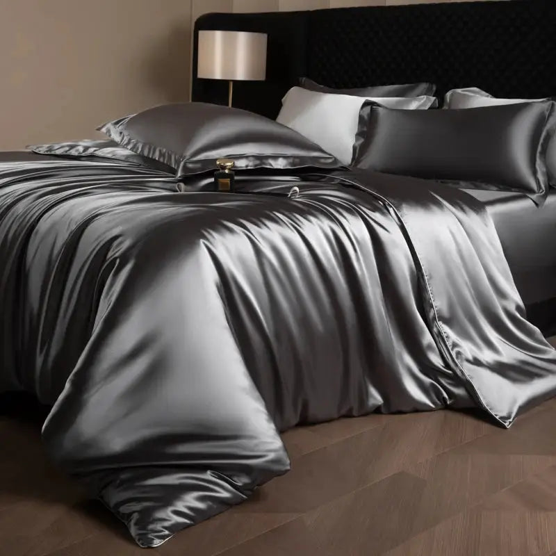 Simples Market silk satin bed sheets set in silver gray with duvet cover, fitted sheet, flat sheet, and pillowcases