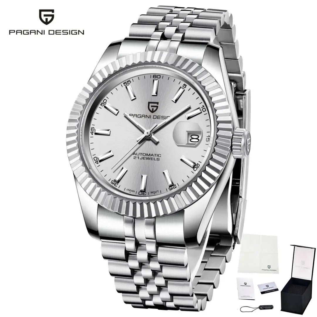 Pagani Design men's mechanical watch with silver Jubilee bracelet, Japan movement, automatic, date window