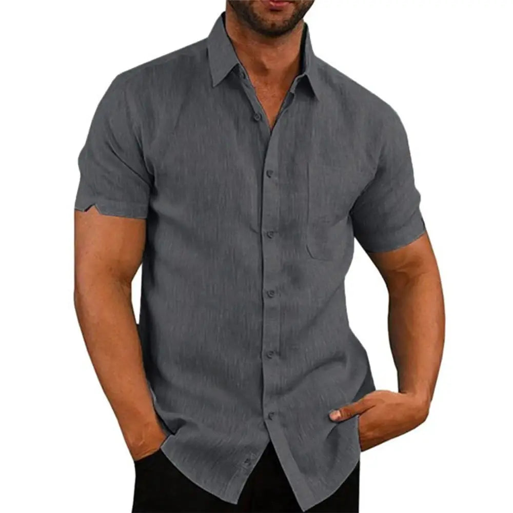 Men's gray cotton-linen short-sleeve shirt with turn-down collar, casual beach style