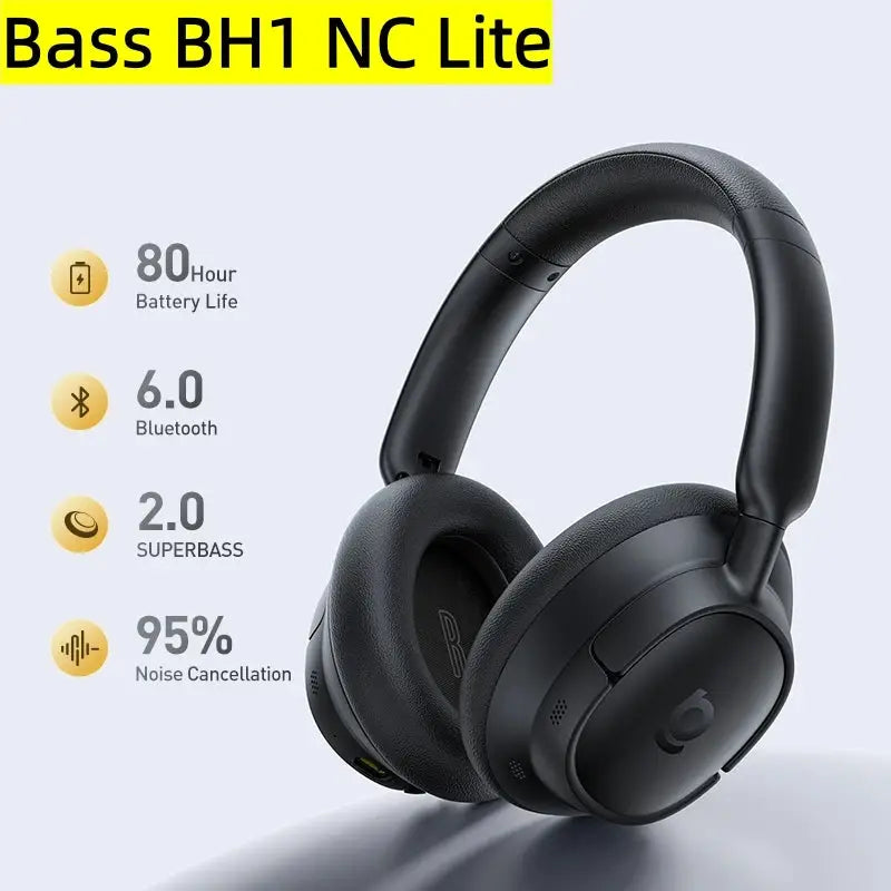 Baseus Bass EH10 NC wireless over-ear headphones, black; Bluetooth 6.0, 80h battery, 95% noise cancellation.