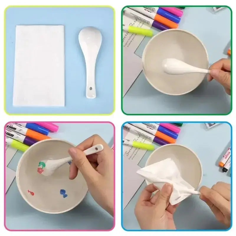Magical water painting pen set; four-panel collage with white applicator, cup, napkin, and colorful markers for art