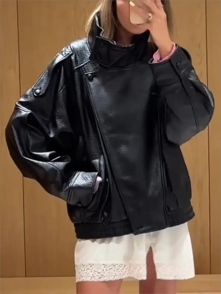 Kondala Womens Black Leather Jacket Casual Chic Oversized Elastic Fit With Button Details For Streetwear 2026