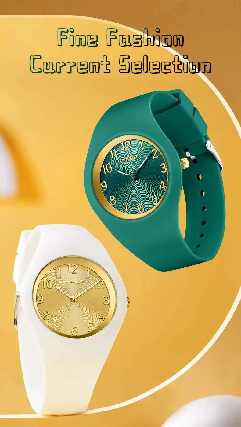 SANDA 6186 silicone wristwatch set: two student watches in teal and white with gold dials.