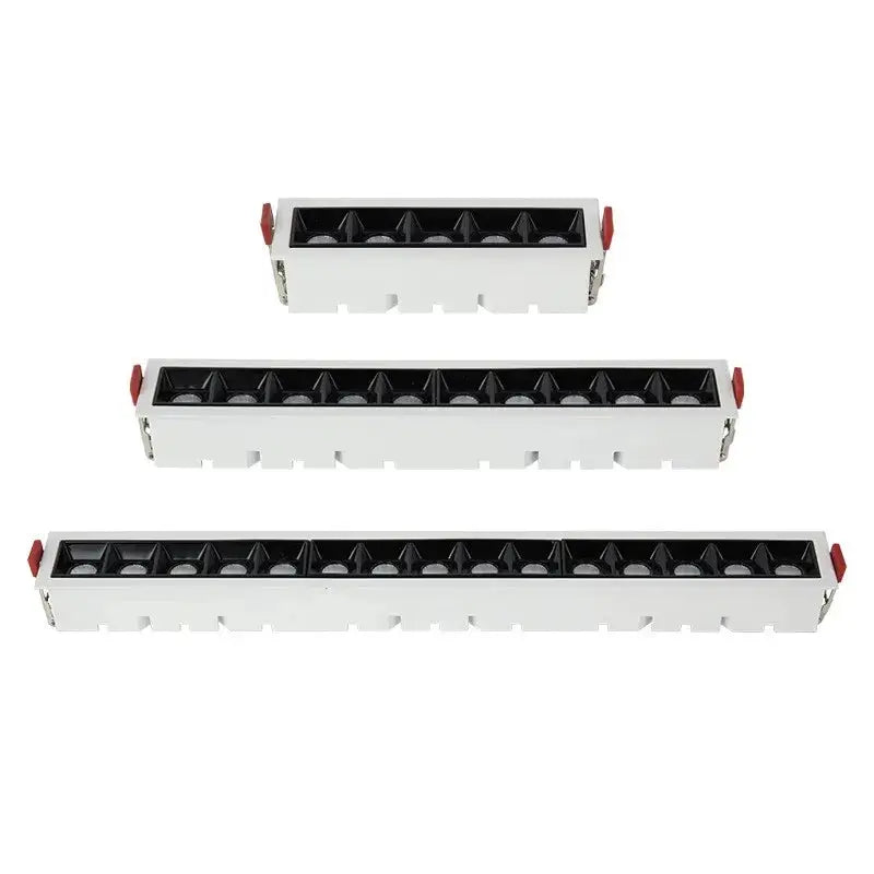 Simples Market LED line downlight set; recessed rectangle grille ceiling lamps, white housing with black grille, 3 pcs