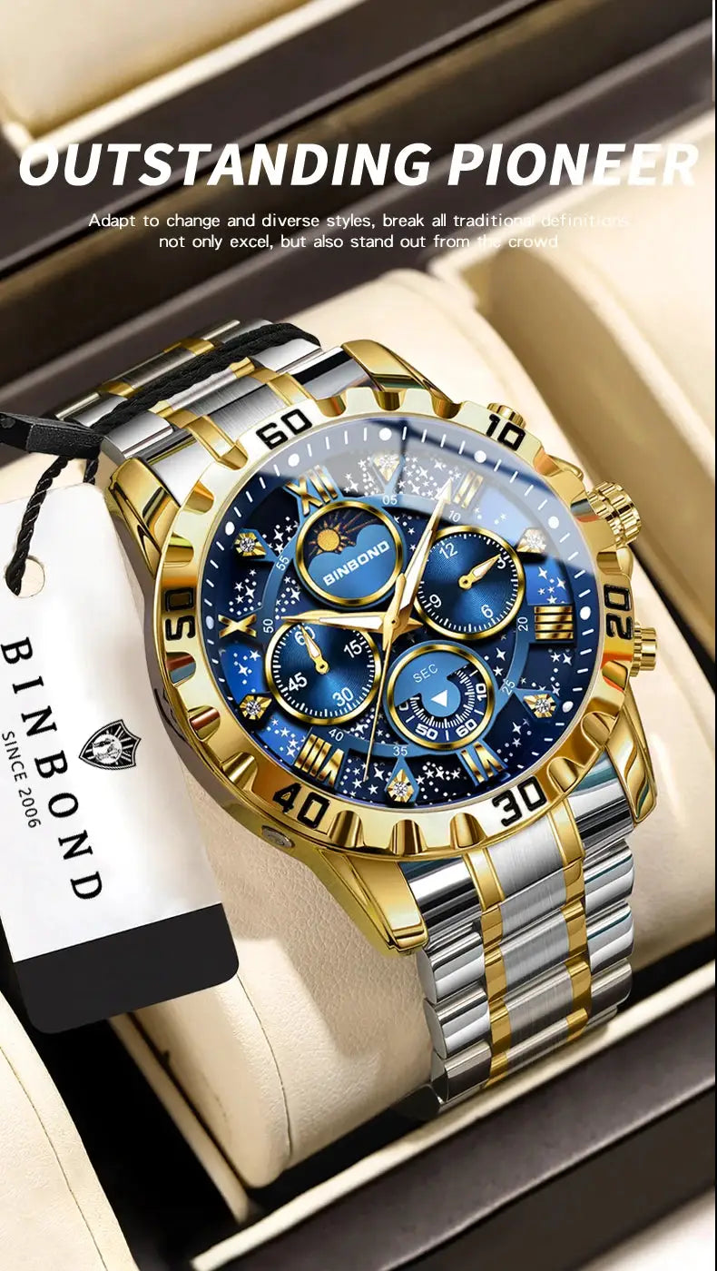 BINBOND men's luxury quartz chronograph watch with blue dial, gold bezel, and two-tone stainless steel bracelet