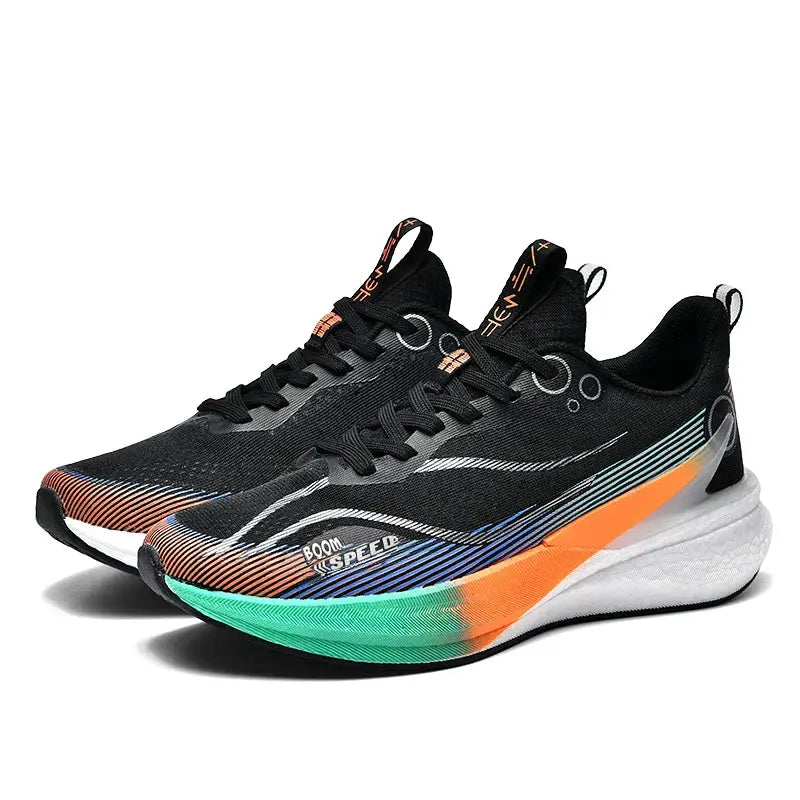 Carbon plate running shoes, BOOM SPEED on black breathable upper with multicolor gradient sole in teal, orange and blue