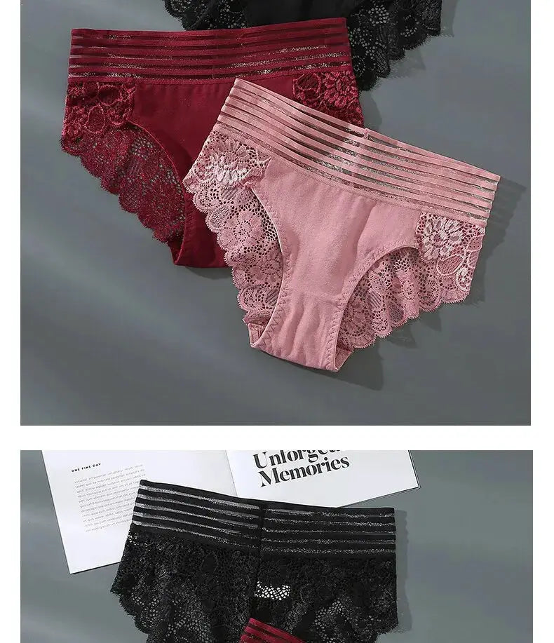 3-piece Simples Market lace panties set; burgundy, pink, and black breathable briefs with floral lace trim