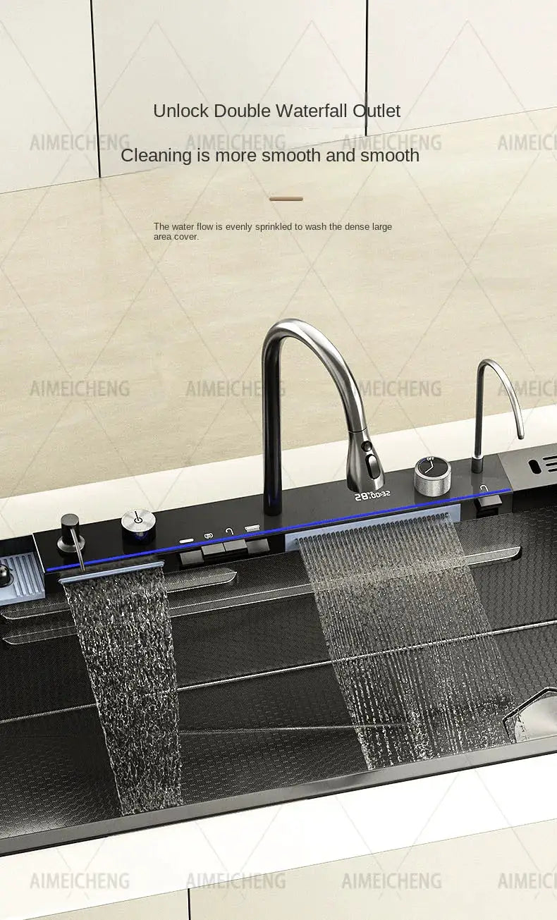 Stainless steel waterfall kitchen sink with embossed large single-slot basin and left-side drainage by Simples Market