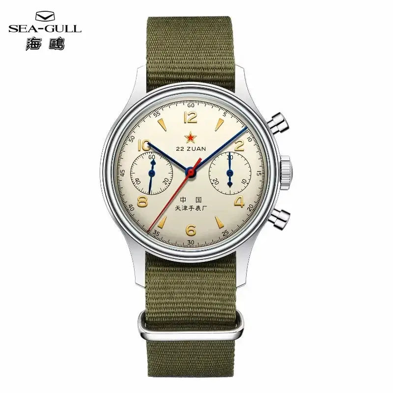 Sea-Gull men's mechanical chronograph watch with olive canvas strap, cream dial, blue subdials.