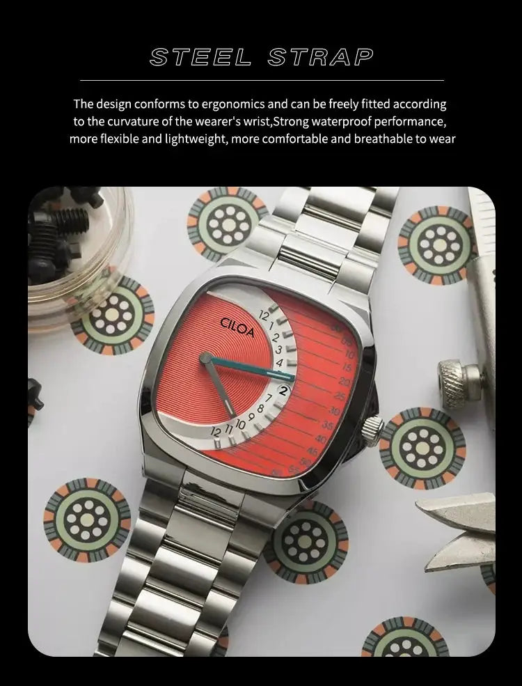 CILOA retro square men’s watch with stainless steel strap and red dial