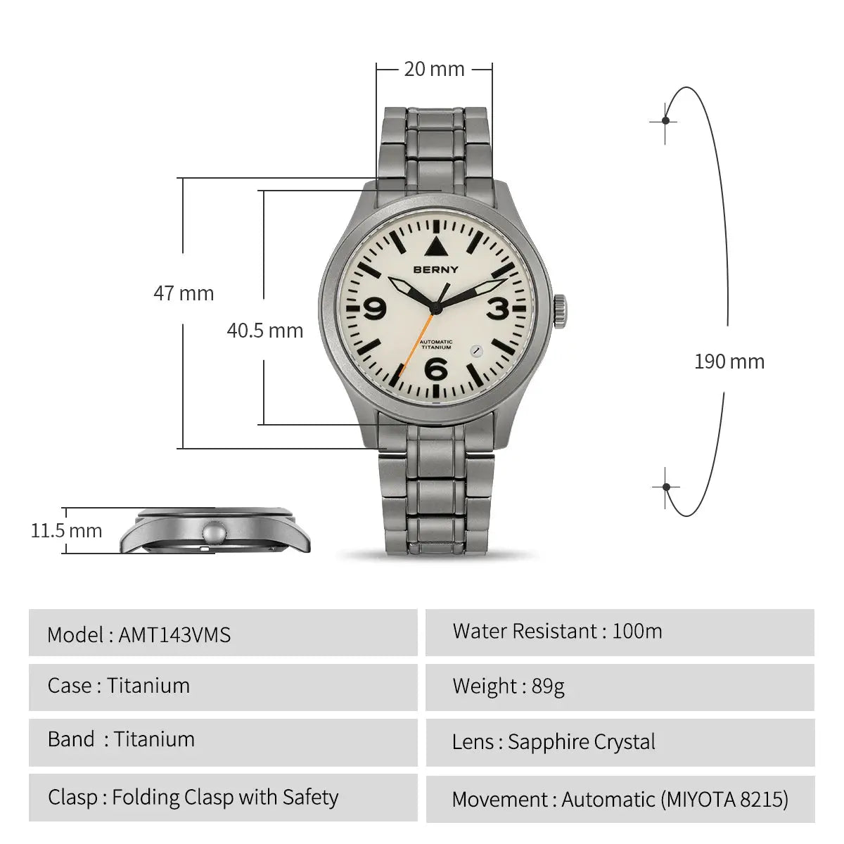 BERNY aviation titanium watch for men with sapphire crystal, automatic MIYOTA 8215 movement, and 100m water resistance.