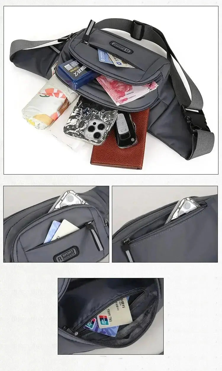 Men's canvas waistpack by Simples Market in gray with multiple zip pockets and an adjustable strap