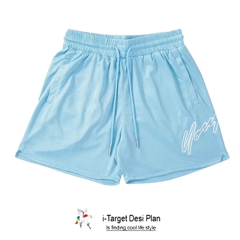 Trend men's mesh beach swim shorts, light blue quick-dry, loose-fit with drawstring, Simples Market