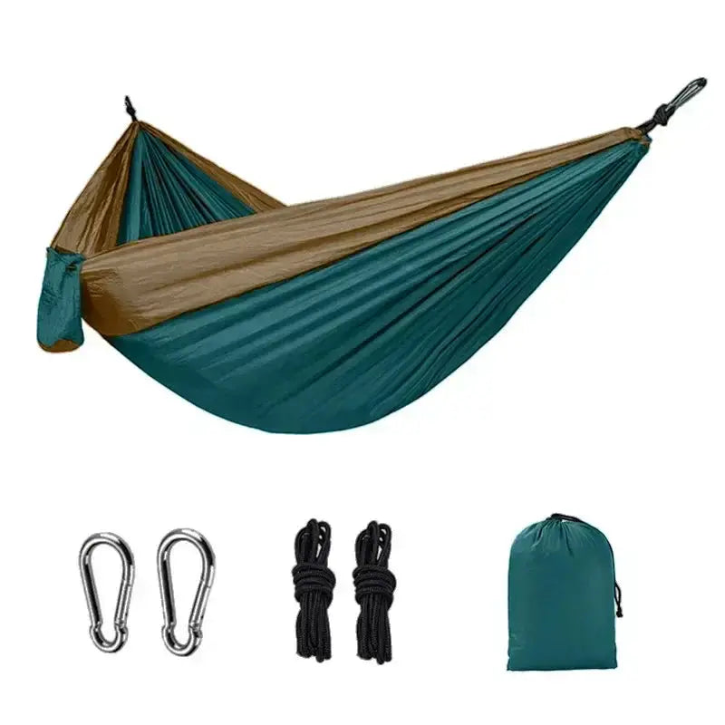 Outdoor single camping hammock in teal/brown nylon parachute fabric by Simples Market; 2 carabiners, 2 ropes, carry bag