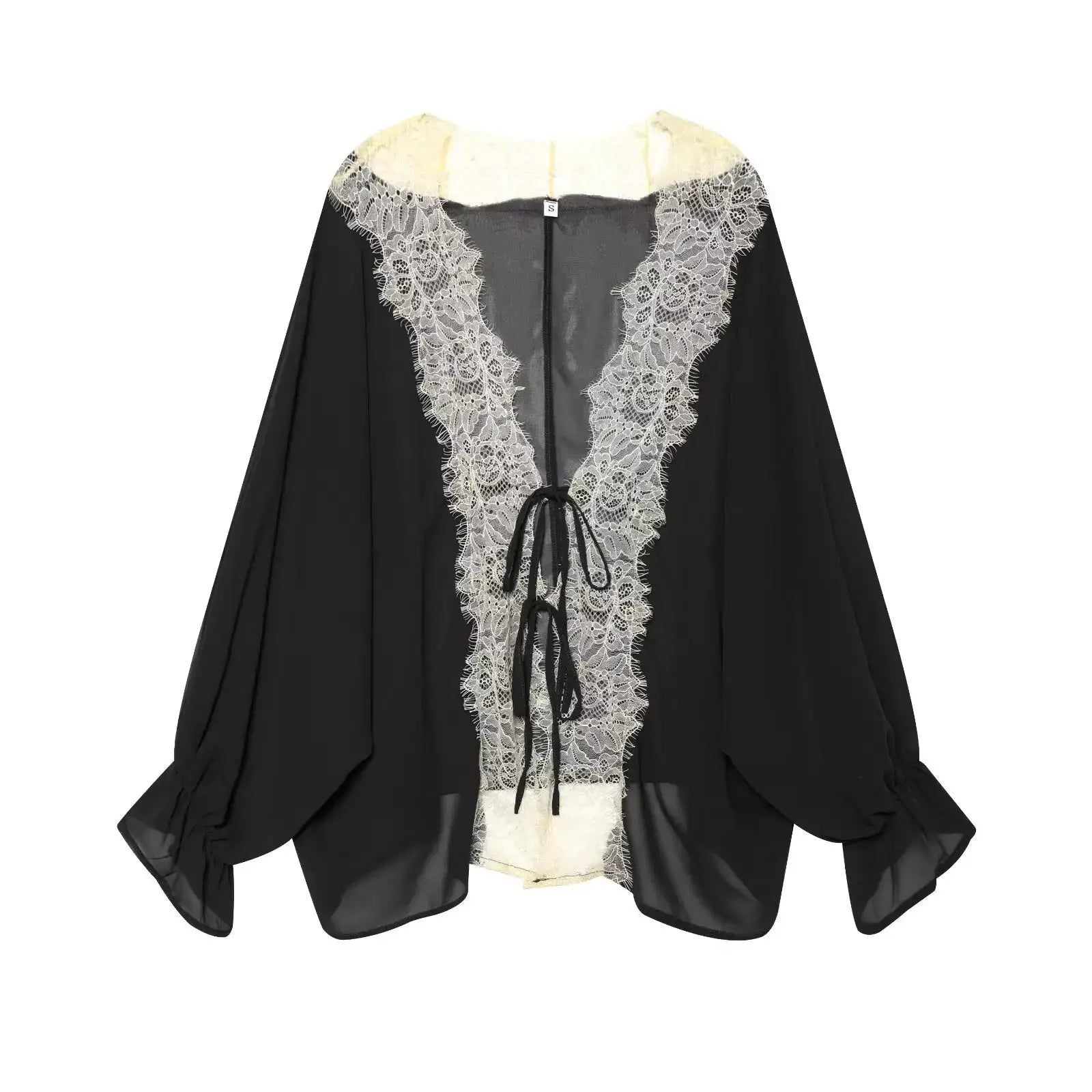 Black sheer blouse with ivory lace patchwork trim, tie-front lantern long sleeves