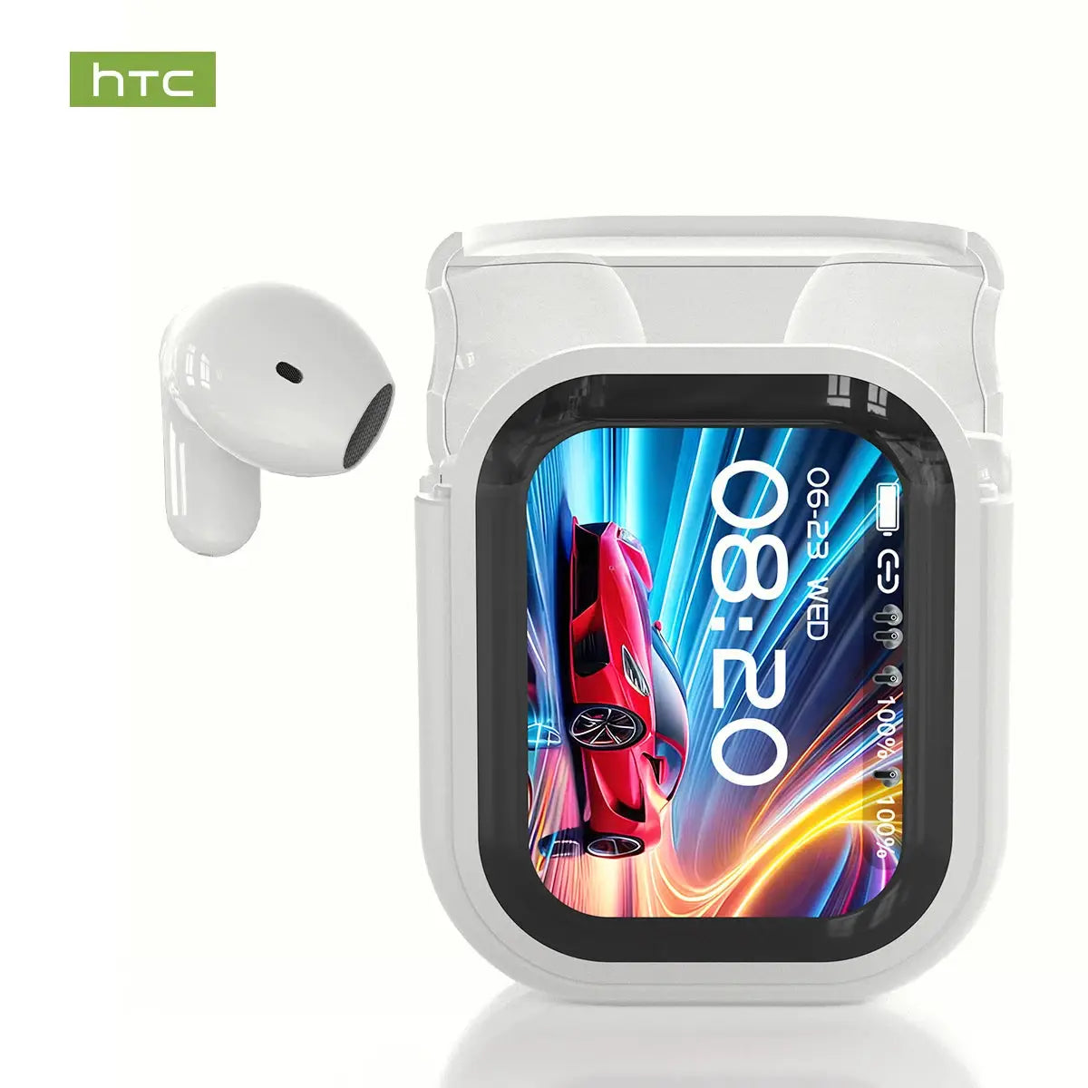 HTC NE20 translator wireless headphones; white earbuds with IPX4 waterproof rating and long battery life, Simples Market