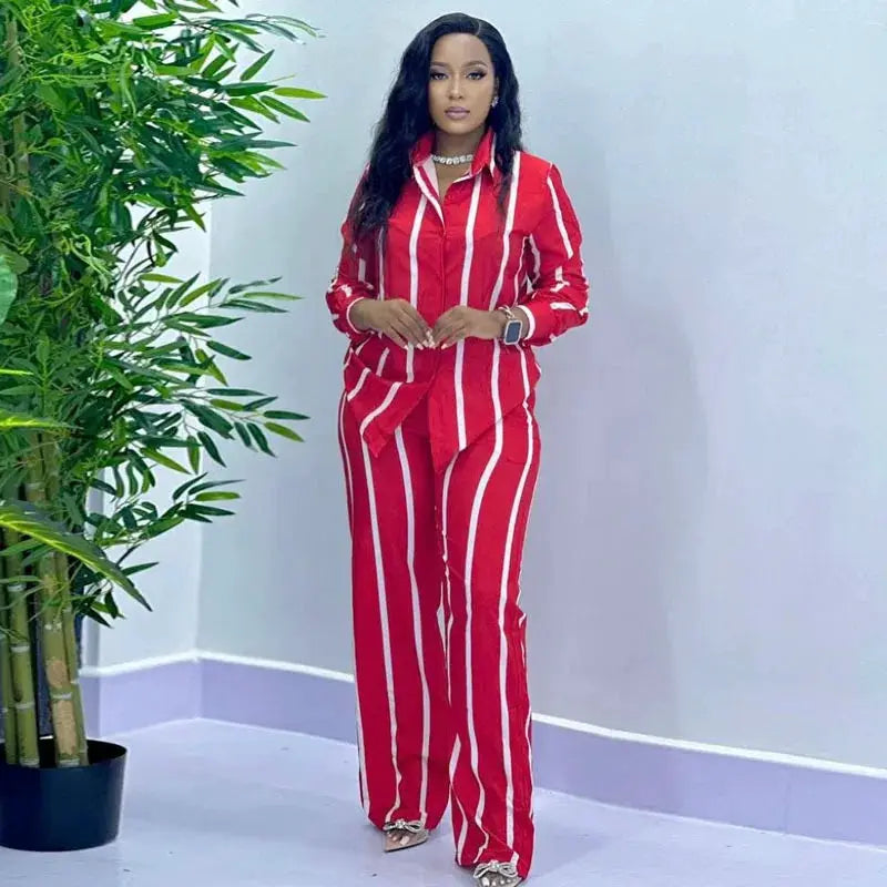 African Stripe Two Piece Set Women Spring Button Top Wide Leg Pants