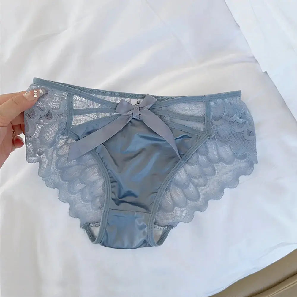 Women's light blue lace panties with satin front panel and bow