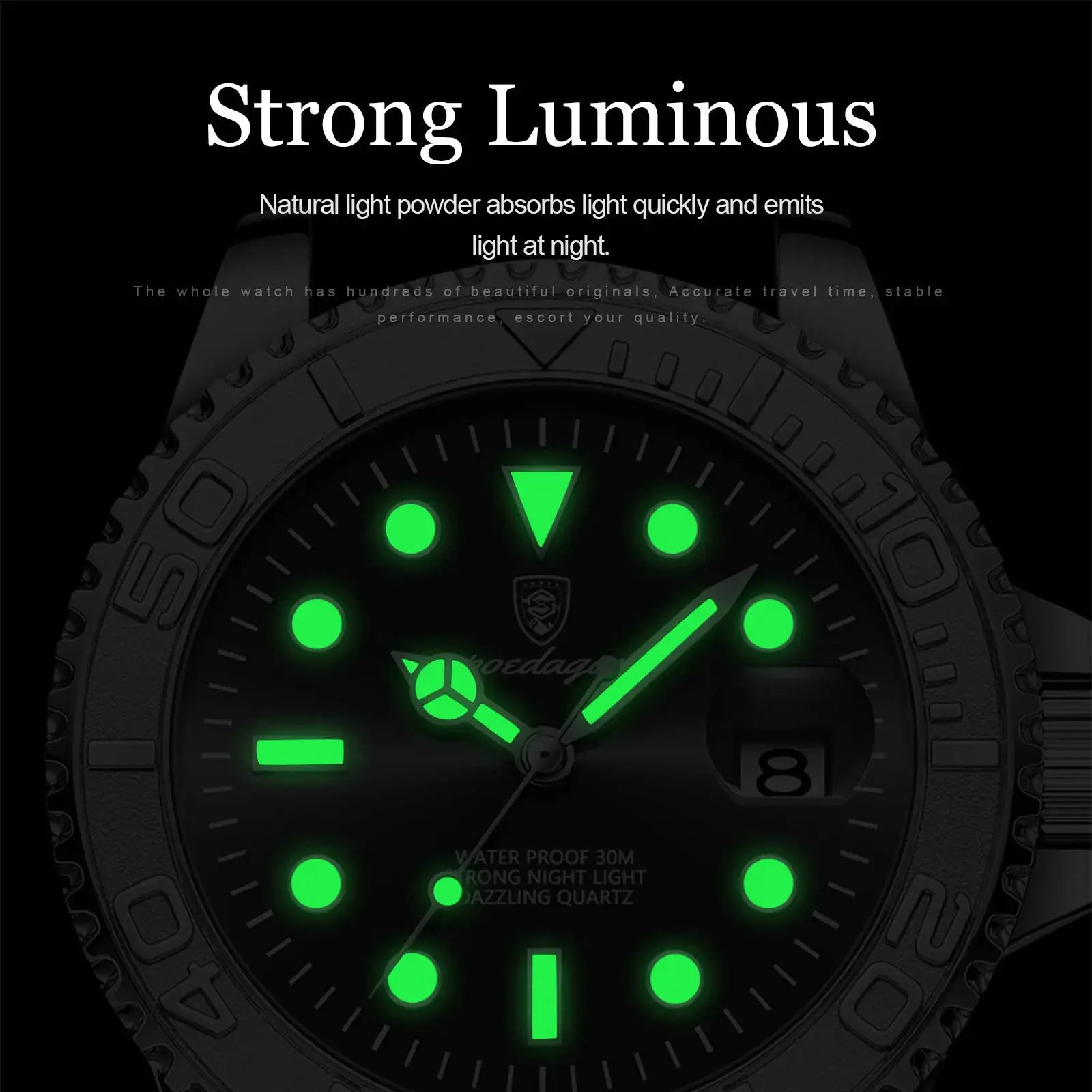 POEDAGAR luxury men's stainless steel watch with green luminous markers, date window, waterproof and durable