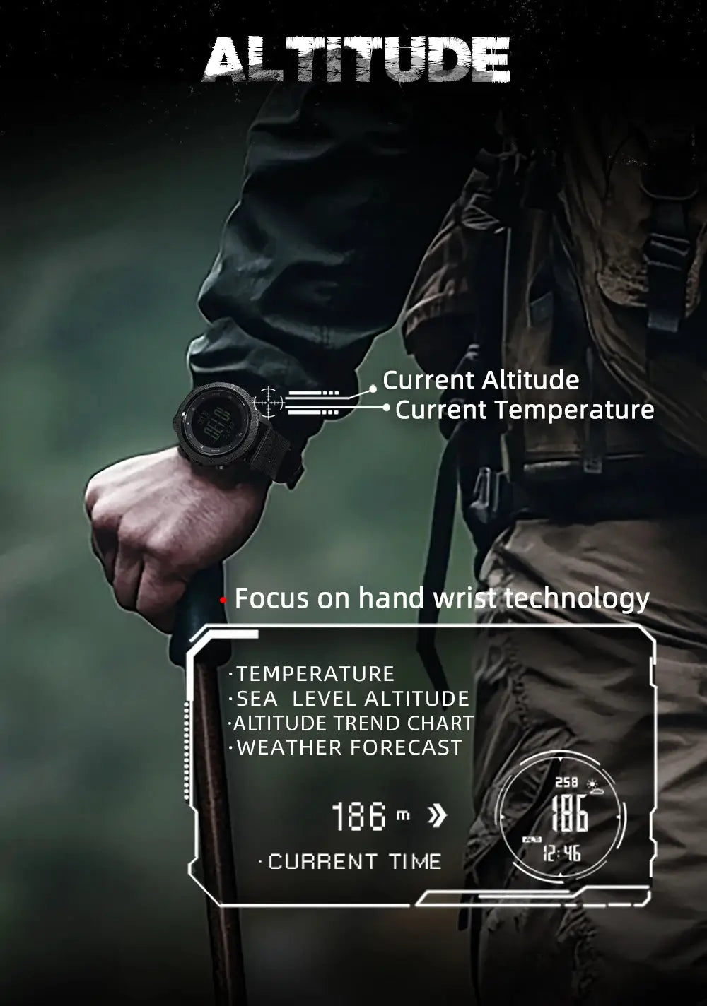 NORTH EDGE Apache-46 men's digital outdoor watch with black strap; altimeter, barometer, compass
