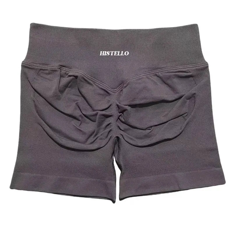 Histello seamless scrunch shorts, dark grey low-waist athletic wear with breathable stretch fabric