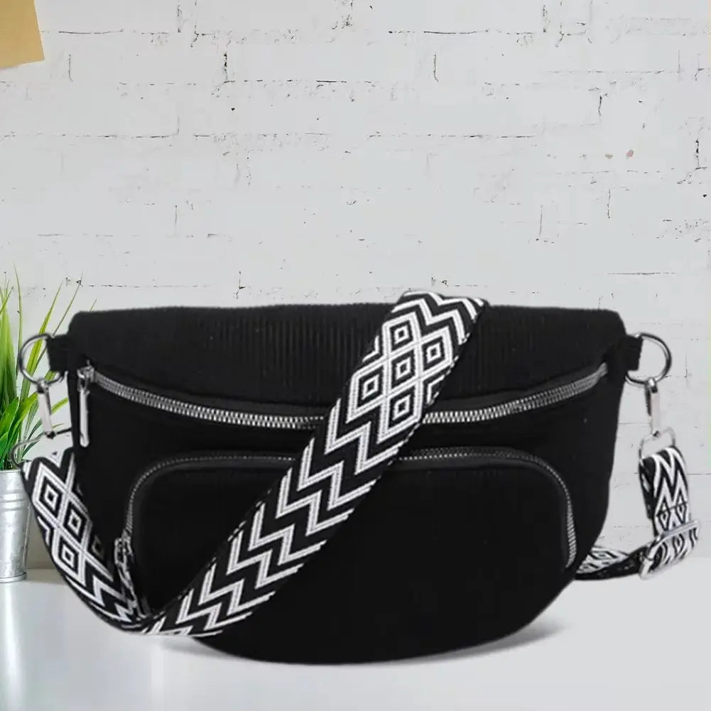 Corduroy chest bag with a wide black-and-white zigzag strap; black waist bag with multiple zip pockets.