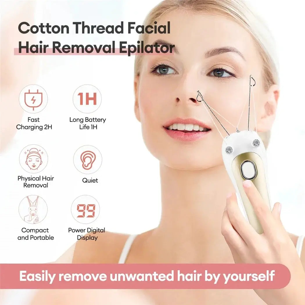Electric threading epilator for facial/body hair, white with gold accents, compact portable design by Simples Market